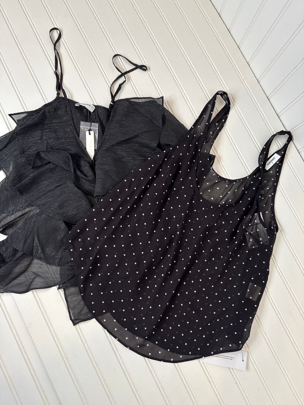NWT Rumored Top - Black Dotted Tank & Ruffled Strappy Cami BUNDLE Womens Size S